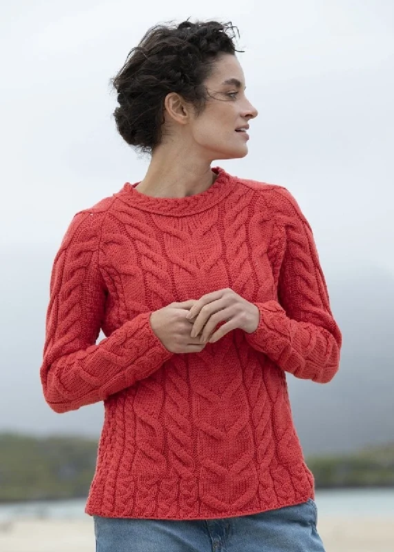 Listowel Ladies Aran Cabled Sweater | Coral Solid Print Embellished