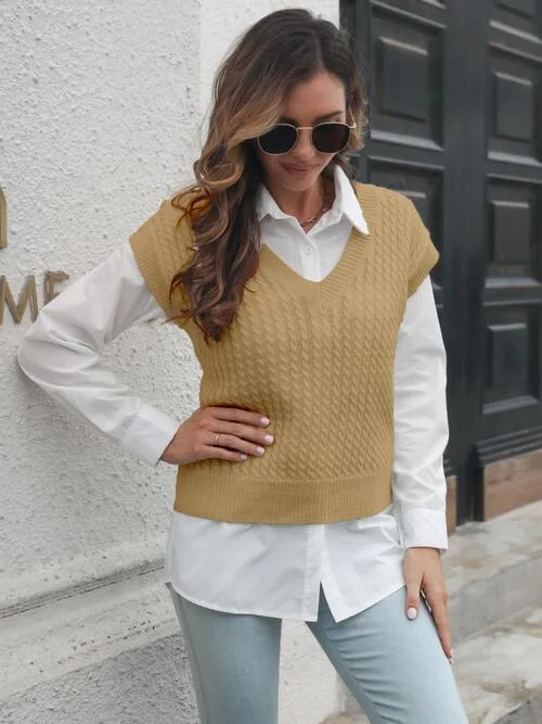 Cable-knit V-Neck Sweater Vest Fitted Loose Oversized