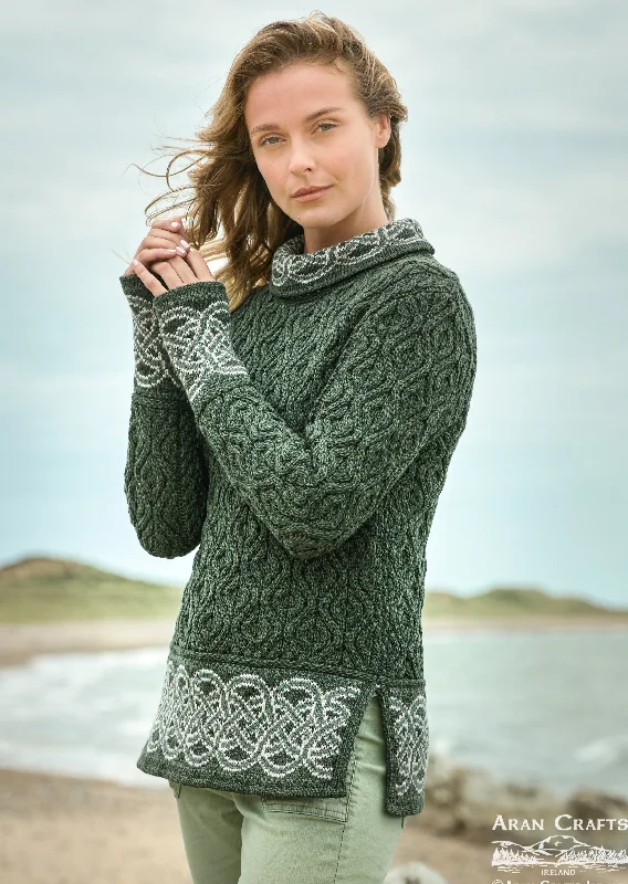 Aran Women's Celtic Design Sweater | Green Print Jacquard Patchwork