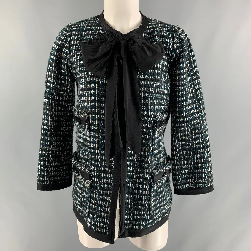MARC JACOBS Size 2 Black, White and Green Wool & Modal Jacket Satin Fabric Silk Fabric Chiffon Fabric