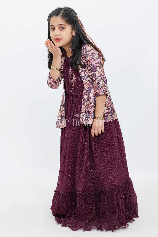 Purple Chinon Silk Printed Party Gown with Pleated Design and Floral Jacket for Girls Mesh Jacket Canvas Jacket Denim Jacket Purple Chinon Silk Printed Party Gown with Pleated Design and Floral Jacket for Girls Mesh Jacket Canvas Jacket Denim Jacket