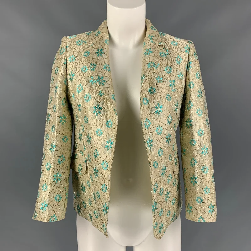 MARNI Size 4 Turquoise &  Gold Acetate Blend Floral Jacket Faux Fur Fabric Real Fur Fabric Shearling Fabric