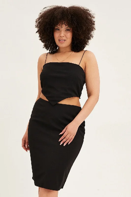 Black Midi Skirt Elastic Waist Pencil Knee Length Ponte cashmere skirt fine