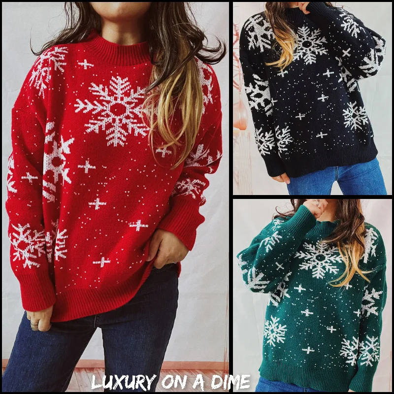 Color Contrast Snowflake Round Neck Long Sleeve Minimalist Winter Sweater Satin Blend Silk Blend Wool Blend Color Contrast Snowflake Round Neck Long Sleeve Minimalist Winter Sweater Satin Blend Silk Blend Wool Blend