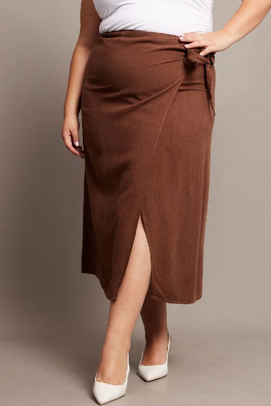 Brown Faux Wrap Linen Blend Midi Skirt linen skirt airy