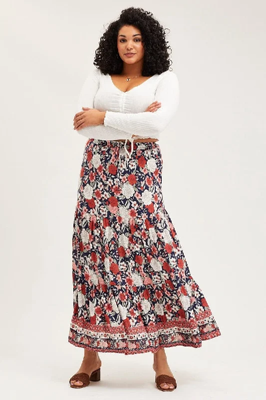 Boho Print Tiered Maxi Skirt lace skirt feminine