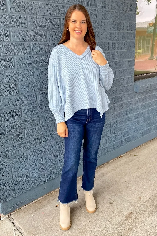 Get In the Game Asymetrical Dusty Blue Sweater Solid Print Embellished