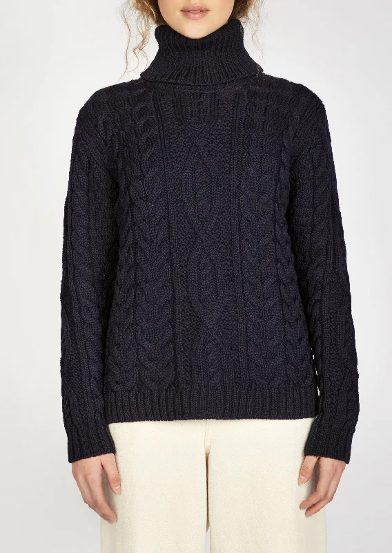 Women's Polo Neck Aran Sweater | Navy Mesh Fabric Canvas Fabric Denim Fabric