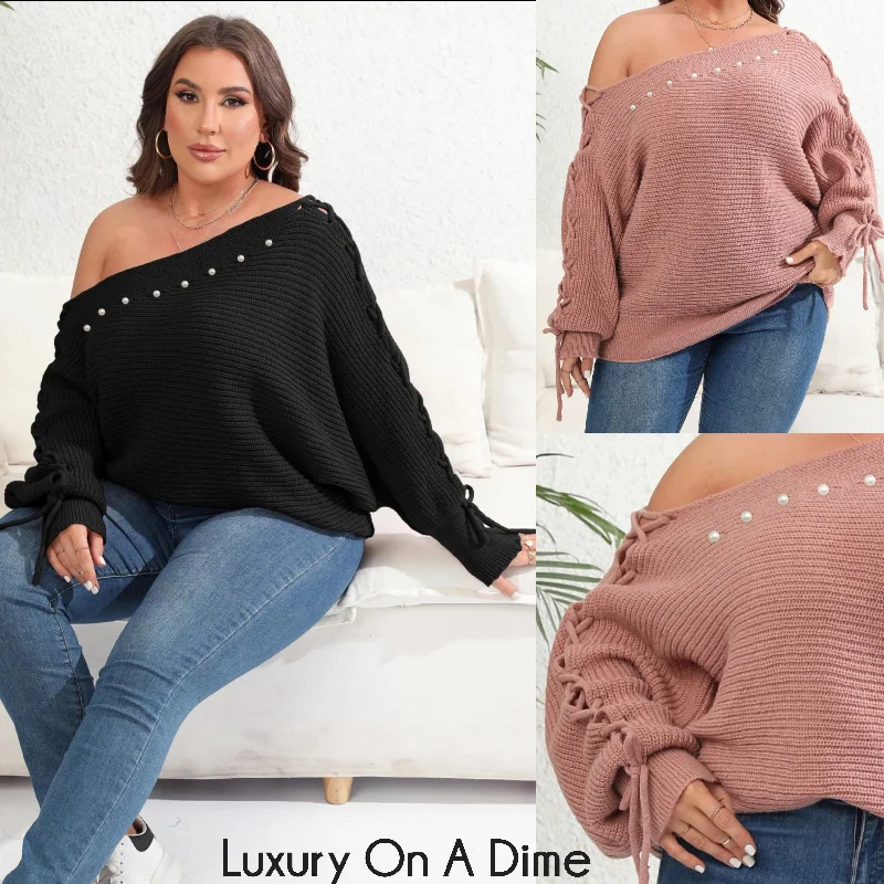 Beaded Pearl Lace Up Sleeve Off Shoulder Asymmetrical Boat Neck Sweater Plus Size Only Front Pockets Side Pockets Patch Pockets Beaded Pearl Lace Up Sleeve Off Shoulder Asymmetrical Boat Neck Sweater Plus Size Only Front Pockets Side Pockets Patch Pockets