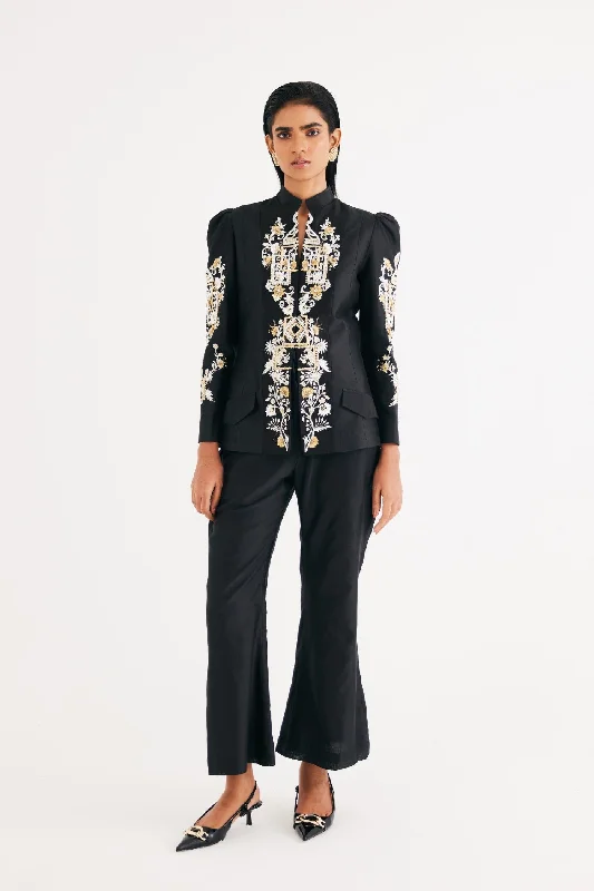 Black Silk Chanderi Embroidered Temple Jacket and Flared Pant Set Trendy High-Waist Trousers Black Silk Chanderi Embroidered Temple Jacket and Flared Pant Set Trendy High-Waist Trousers