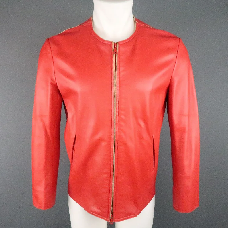 JIL SANDER Size L Red Raw Edge Leather Collarless Zip Jacket Wool Jacket Cashmere Jacket Tweed Jacket