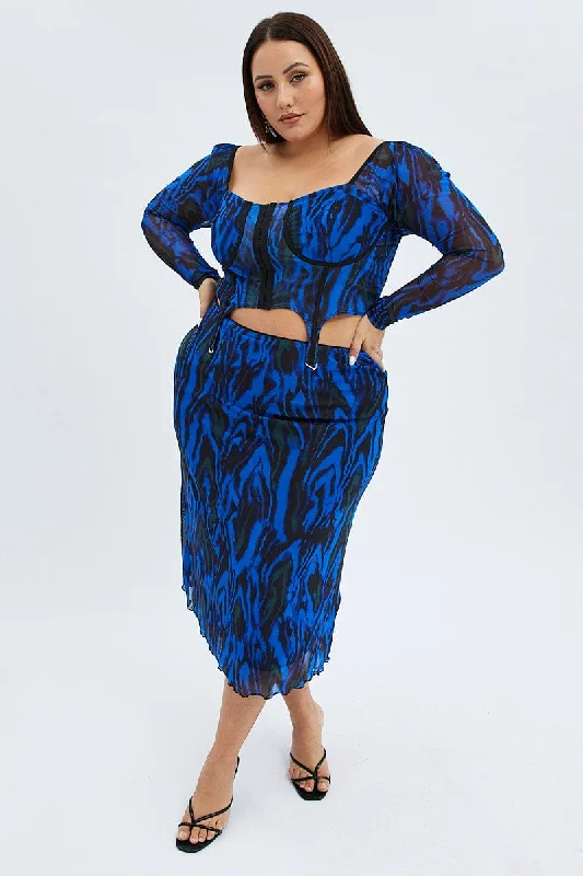 Blue Abstract Midi Skirt Mesh Print wool skirt thick