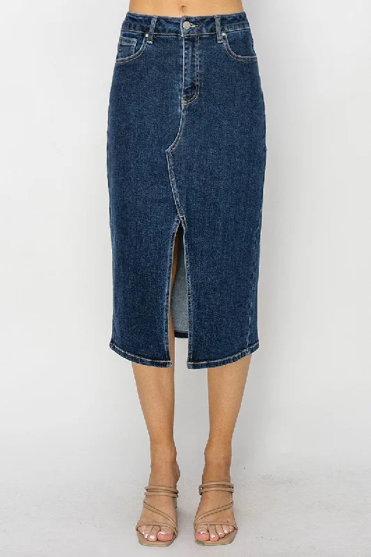 Risen - High Rise Denim Midi Skirt high slit skirt