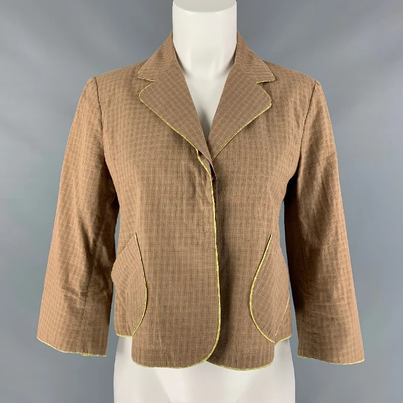 MARNI Size 4 Tan & Red Cotton Plaid Cropped Jacket Knit Fabric Woven Fabric Fleece Fabric
