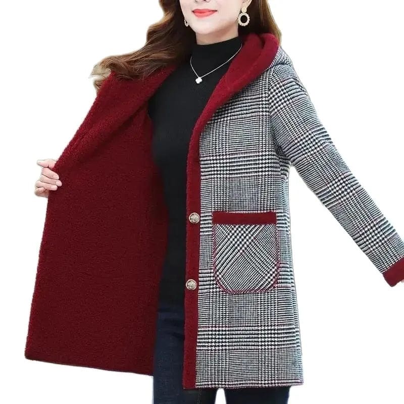 Add Velvet Plaid Coat Female Tops Middle Aged Women's Mid-Length Cotton-Padded Jackets Winter Hooded Warm Cold-Proof Overcoat Denim Fabric Leather Fabric Suede Fabric