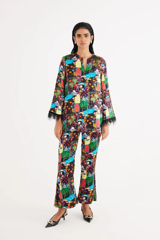 Black India Print Hand Embroidered Kurta and Flared Pants Set Slim-Fit Leggings