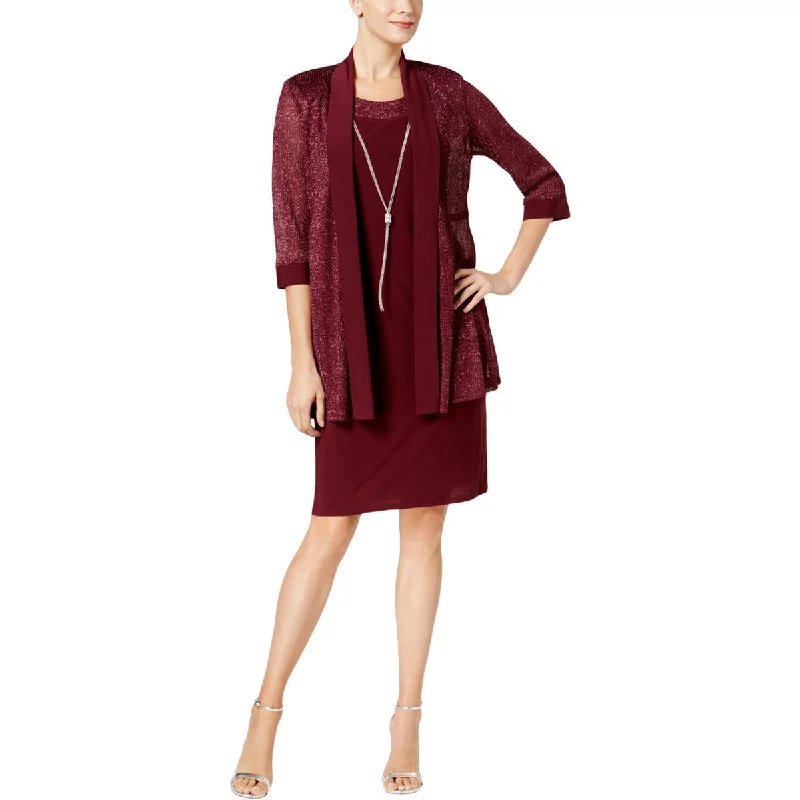 R&M Richards Women's 2 Piece Metallic Sleeveless Dress and Jacket Set Fleece Jacket Down Jacket Parka
