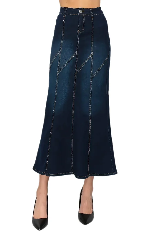 Stretch Denim Long Mermaid Silhouette Skirt (87954-SKT) chiffon skirt delicate