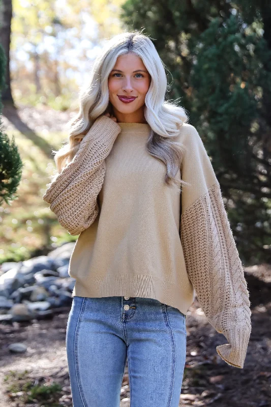FINAL SALE - Cabin Cues Taupe Cable Knit Sleeve Sweater Denim Fabric Leather Fabric Suede Fabric