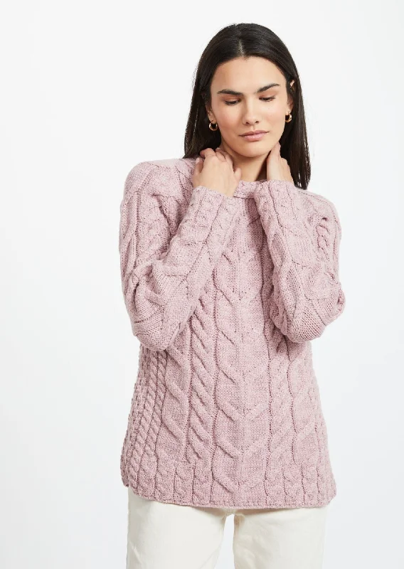 Listowel Ladies Aran Cabled Sweater | Pink Herringbone Houndstooth Plaid