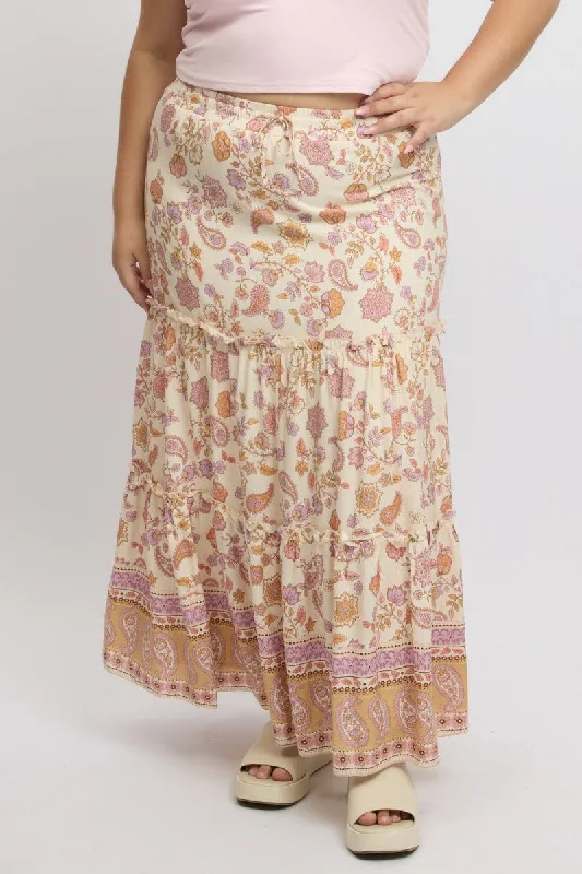 Beige Boho Tiered Maxi Skirt modal blend skirt