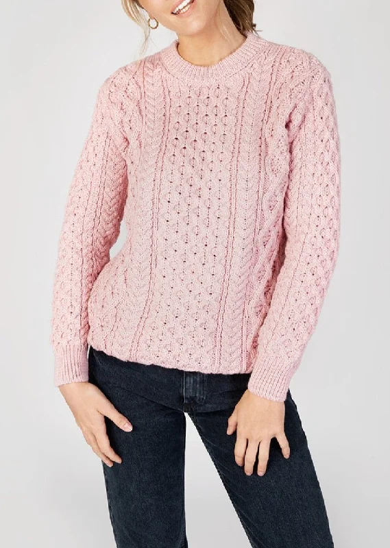 IrelandsEye Women's Aran Sweater | Pink Welt Pockets Slit Pockets Flap Pockets