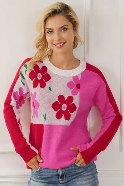 Floral Round Neck Dropped Shoulder Sweater Nylon Fabric Polyester Fabric Spandex Fabric