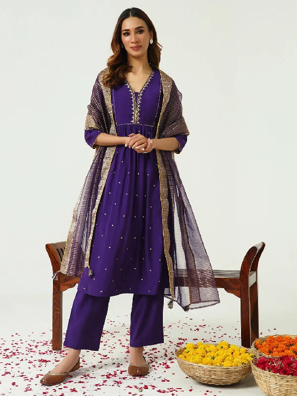 Purple Designer Readymade Pant Suit Embroidery Work Cozy Jogger Leggings