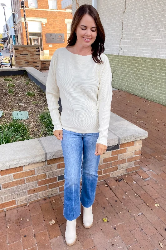 Take A Stroll Ribbed Boatneck Cream Sweater Spandex Rayon Corduroy