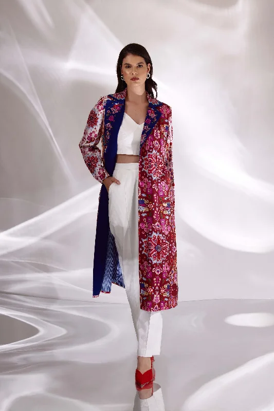 Mix Print Hand Embroidered Long Trench In Handloom Organic Cotton And Banana Silk With Cotton Pant And White Chanderi Bustier Comfortable Jogging Pants