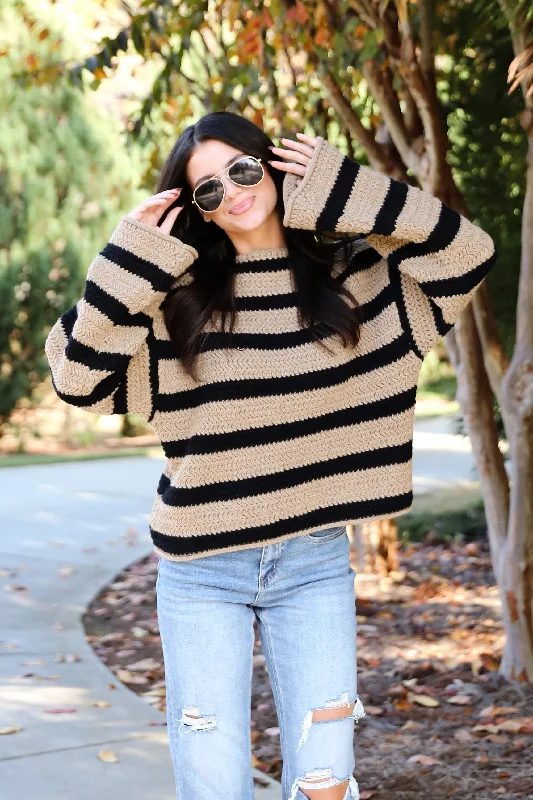 FINAL SALE - Cozy Warmth Taupe Striped Sweater Nylon Fabric Polyester Fabric Spandex Fabric