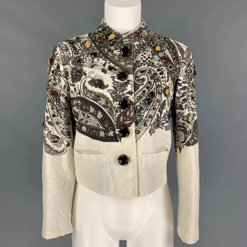ETRO Size 8 Beige Multicolour Linen Blend Paisley Jacket Zip Front Button Front Snap Front
