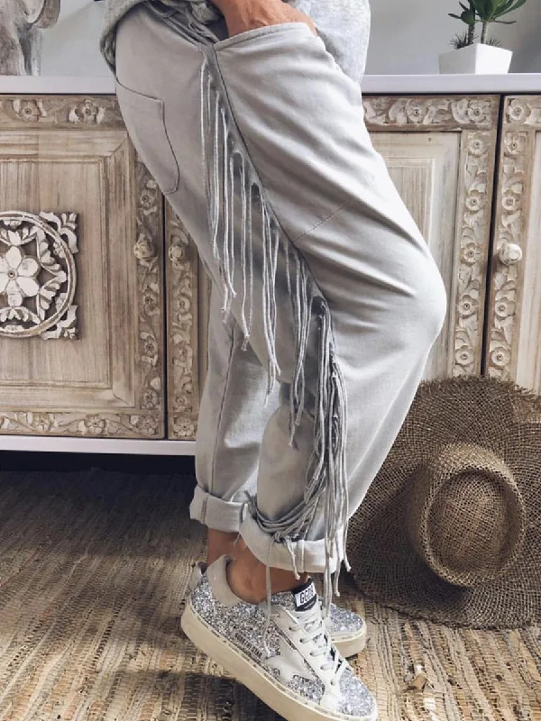 Loose Striped Fringed Pant Comfy Zip-Up Pants
