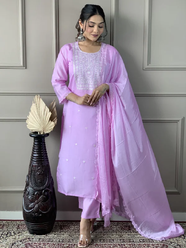 Pink Attractive Looking Redaymade Pant Suit With Designer Embroidery Work Casual Wide Pants