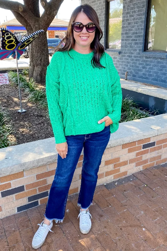 Electric Braided Kelly Green Sweater Front Pockets Side Pockets Patch Pockets