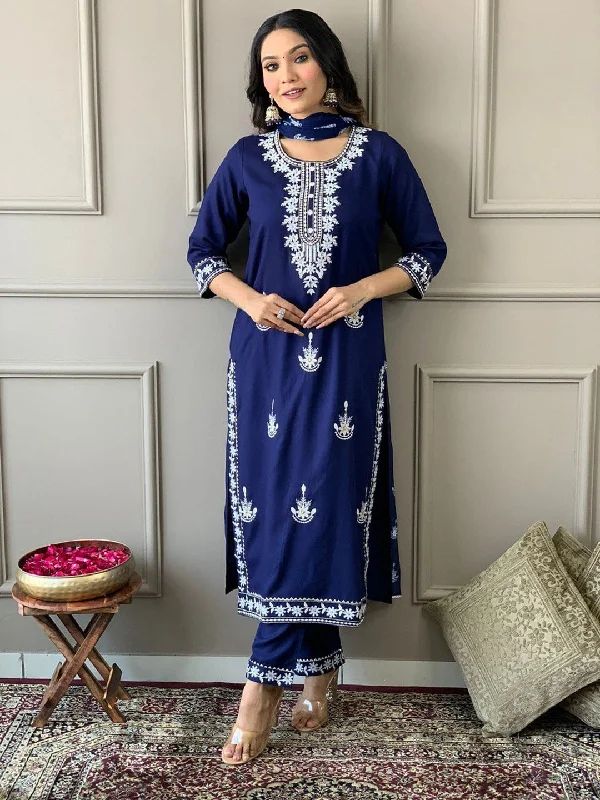 Blue Trendy Designer Readymade Pant Suit With Embroidery Work Modern Bootcut Pants