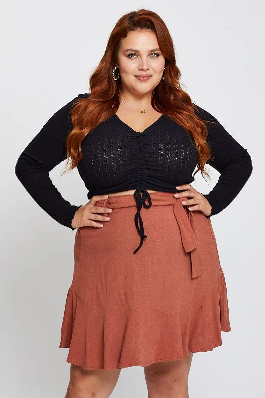 Brown High Waist Linen Blend Belted Skirt casual skirt length