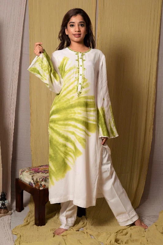 White & Green Tie-Dye Kurta with Pants Trendy Velvet Pants