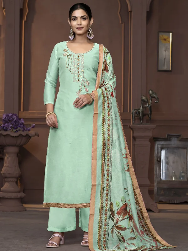 Sea Green Designer Readymade Pant Suit With Wevon Design Hand Work Elegant Palazzo Trousers Sea Green Designer Readymade Pant Suit With Wevon Design Hand Work Elegant Palazzo Trousers