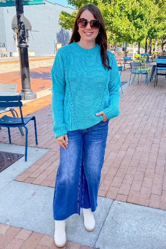 Braided Detail Teal Sweater Elegant Classic Vintage