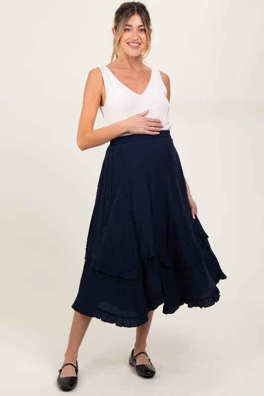 Navy Ruffle Tiered Maternity Midi Skirt cashmere skirt soft