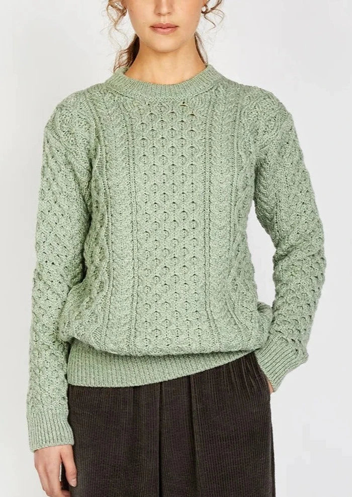 IrelandsEye Aran Sweater | Sage Marl Satin Fabric Silk Fabric Chiffon Fabric