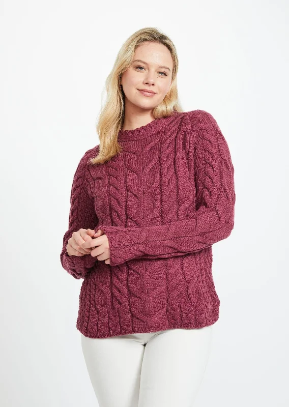 Listowel Ladies Aran Cabled Sweater | Raspberry Ribbed Striped Patterned
