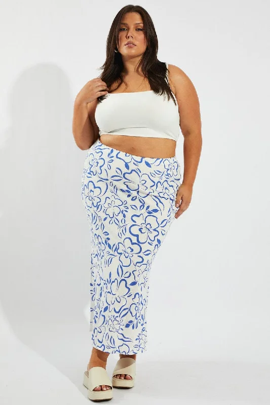 Blue Abstract Slip Skirt Linen Blend high slit skirt