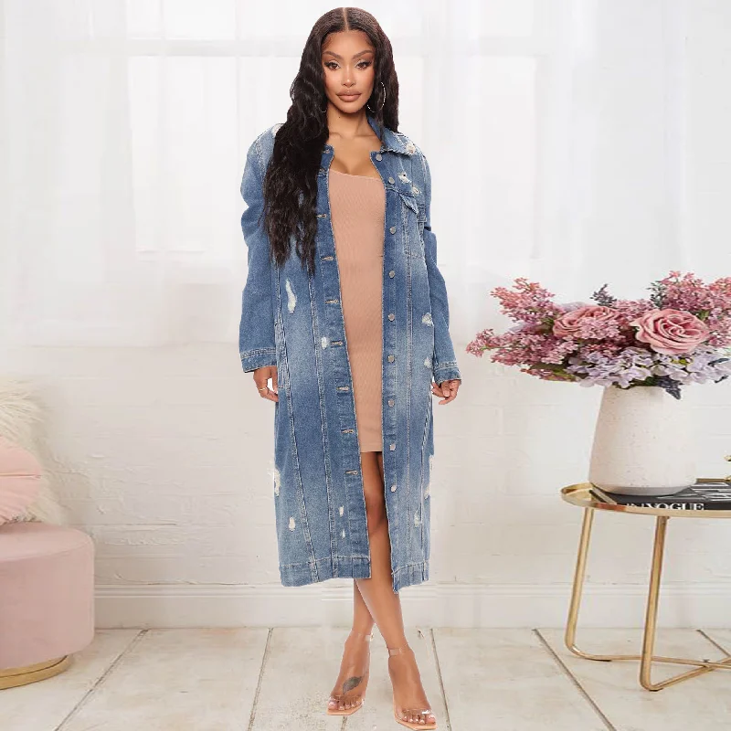Women'S Fashion Ripped Long Sleeve Denim Jacket Bomber Jacket Anorak Windbreaker