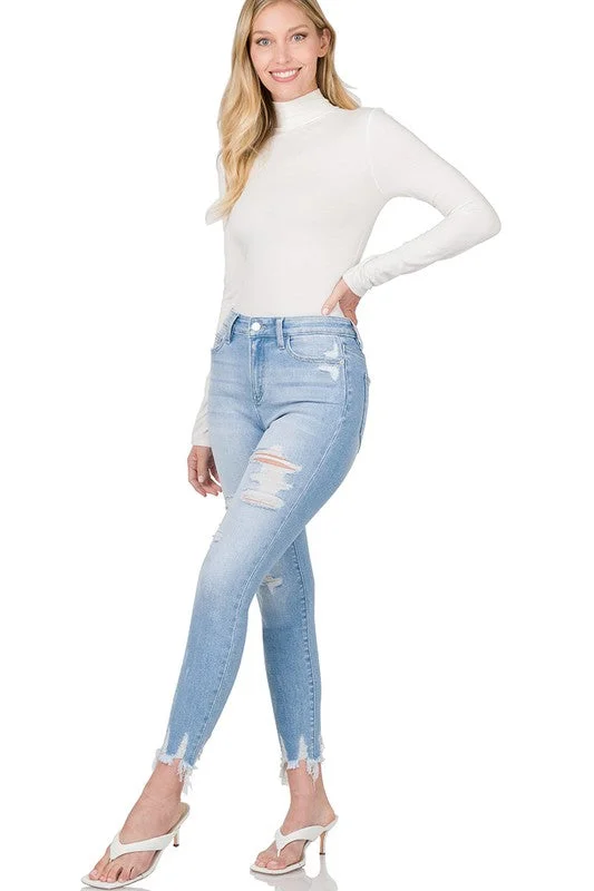 High Rise Distressed Cropped Skinny Denim Pants Relaxed Fit Trousers