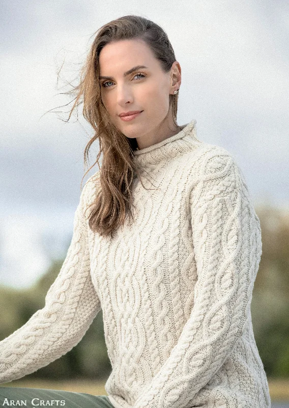 Super Soft Funnel Neck Aran Sweater | Natural Sweater Knitwear Pullover
