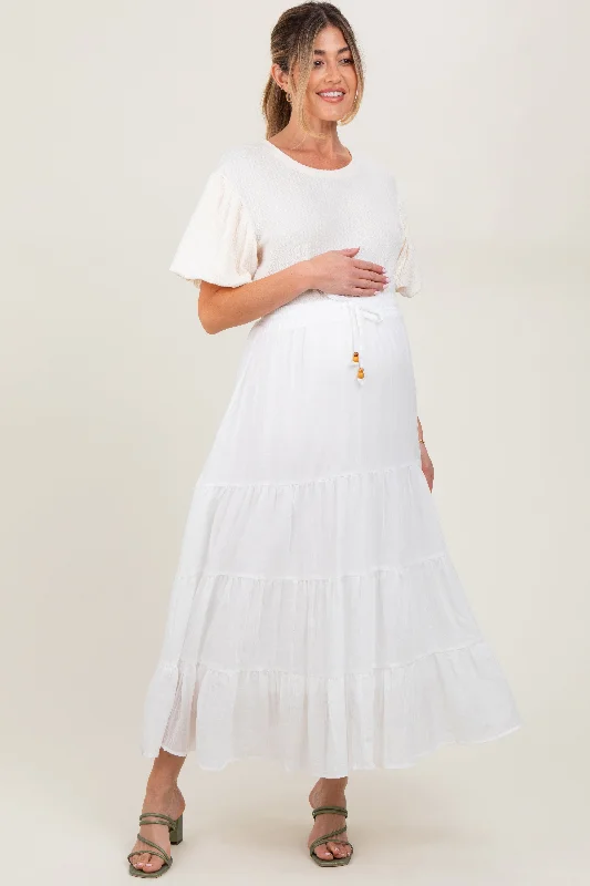 White Drawstring Tiered Maternity Maxi Skirt denim skirt casual