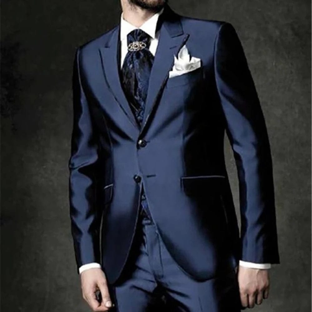2023 Fashion Casual Custom Made Groom Tuxedo Navy Blue Peak Lapel Wedding/Prom Best Man Suits Bridegroom (Jacket+Pants+Vest) Satin Jacket Silk Jacket Chiffon Jacket