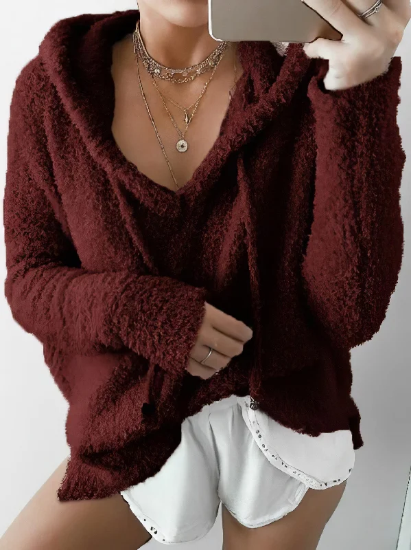 Winter Hooded V-Neck Sweater Silk Blend Satin Velvet